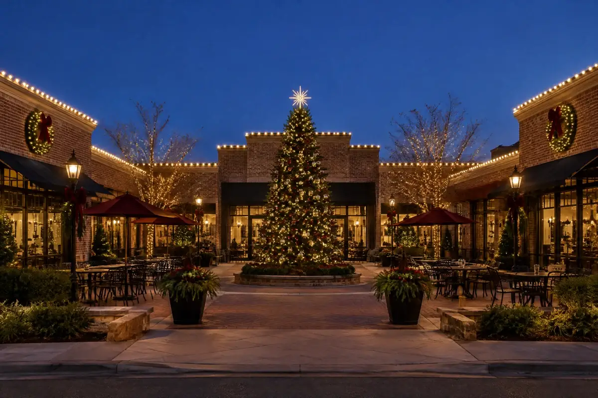 Holiday lighting inspiration: a brick shopping courtyard with illuminated rooflines and a Christmas tree
