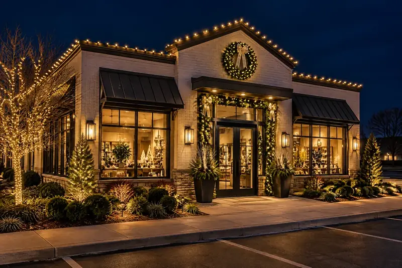 Holiday lighting inspiration: a retail entrance decorated with warm white lights and greenery