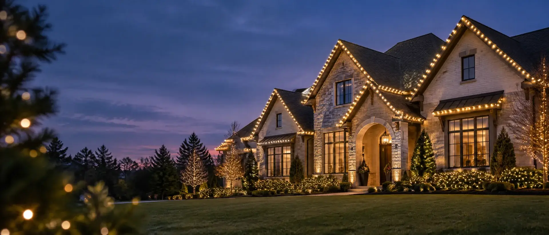 Illustrative home outlined in elegant warm white Christmas lights