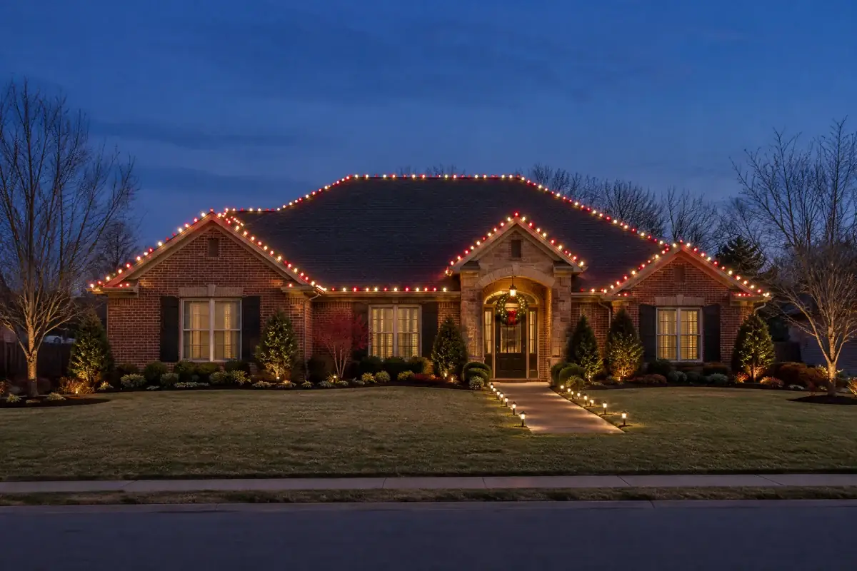 Holiday lighting inspiration: red and warm white Christmas bulbs outlining a brick ranch home
