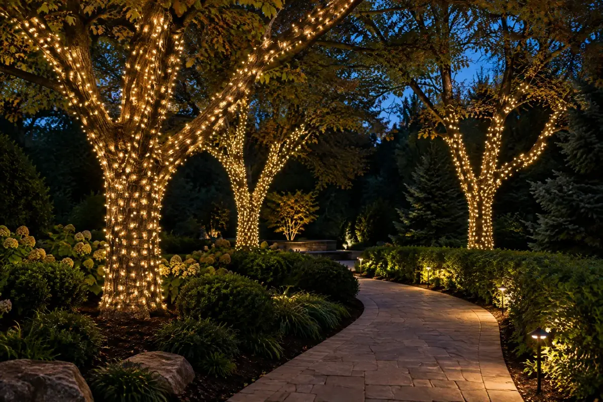 Holiday lighting inspiration: warm white lights wrapping tree trunks alongside a garden walkway