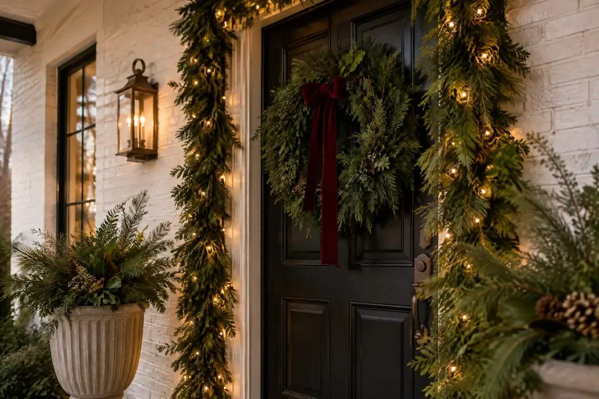 Holiday lighting inspiration: illuminated evergreen garland and a burgundy-ribbon wreath around a front door